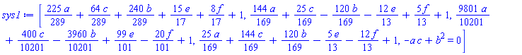 [(225/289)*a+(64/289)*c+(240/289)*b+(15/17)*e+(8/17)*f+1, (144/169)*a+(25/169)*c-(120/169)*b-(12/13)*e+(5/13)*f+1, (9801/10201)*a+(400/10201)*c-(3960/10201)*b+(99/101)*e-(20/101)*f+1, (25/169)*a+(144/169)*c+(120/169)*b-(5/13)*e-(12/13)*f+1, -a*c+b^2 = 0]