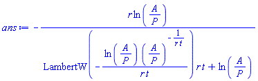 -r*ln(A/P)/(LambertW(-ln(A/P)*(A/P)^(-1/(r*t))/(r*t))*r*t+ln(A/P))