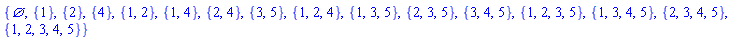 {{}, {1}, {2}, {4}, {1, 2}, {1, 4}, {2, 4}, {3, 5}, {1, 2, 4}, {1, 3, 5}, {2, 3, 5}, {3, 4, 5}, {1, 2, 3, 5}, {1, 3, 4, 5}, {2, 3, 4, 5}, {1, 2, 3, 4, 5}}