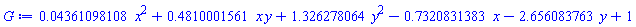 0.4361098108e-1*x^2+.4810001561*x*y+1.326278064*y^2-.7320831383*x-2.656083763*y+1