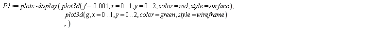 P1 := plots:-display(plot3d(f-0.1e-2, x = 0 .. 1, y = 0 .. 2, color = red, style = surface), plot3d(g, x = 0 .. 1, y = 0 .. 2, color = green, style = wireframe))
