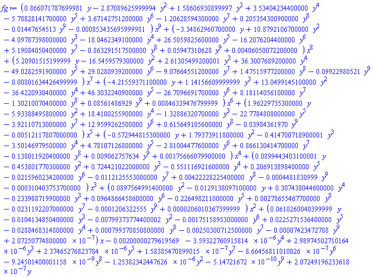 (HFloat(0.8660717876999807)*y-HFloat(2.870896259999945)*y^2+HFloat(1.5860693089999662)*y^3+HFloat(3.5340423439999995)*y^4-HFloat(5.788281417)*y^5+HFloat(3.671427512)*y^6-HFloat(1.2062859430000001)*y^7+HFloat(0.20535430090000004)*y^8-0.1447654513e-1*y^9-HFloat(8.534356959999808e-4))*x^9+(-HFloat(3.3486296069999995)*y+HFloat(10.879210669999999)*y^2-HFloat(4.097873979999998)*y^3-HFloat(18.04623491)*y^4+HFloat(26.505982559999996)*y^5-HFloat(16.20762044)*y^6+HFloat(5.190840504)*y^7-HFloat(0.8632915174999999)*y^8+0.5947310628e-1*y^9+HFloat(0.004060500722000001))*x^8+(HFloat(5.209015151999995)*y-HFloat(16.54595792999999)*y^2+HFloat(2.613054992000008)*y^3+HFloat(36.30076891999998)*y^4-HFloat(49.02825919)*y^5+HFloat(29.028093920000003)*y^6-HFloat(9.076645512)*y^7+HFloat(1.475159772)*y^8-0.9922980521e-1*y^9-HFloat(0.008016344264999992))*x^7+(-HFloat(4.215593710999997)*y+HFloat(1.1415660999999866)*y^3+HFloat(13.049914509999999)*y^2-HFloat(36.42209304000001)*y^4+HFloat(46.303224090000015)*y^5-HFloat(26.70966917)*y^6+HFloat(8.181140561000001)*y^7-HFloat(1.3021007040000003)*y^8+0.8561486929e-1*y^9+HFloat(0.008463394767999994))*x^6+(HFloat(1.9622973529999983)*y-HFloat(5.9338849579999975)*y^2+HFloat(18.410025589999996)*y^4-HFloat(1.3288632069999955)*y^3-HFloat(22.778480799999997)*y^5-HFloat(3.92110713)*y^7+HFloat(12.95992625)*y^6+HFloat(0.6156491056)*y^8-0.3984361970e-1*y^9-HFloat(0.005121178069999996))*x^5+(-HFloat(0.5729448153000001)*y+HFloat(1.7937391179999997)*y^2-HFloat(0.4147007189000007)*y^3-HFloat(3.5014697949999984)*y^4+HFloat(4.781071268)*y^5-HFloat(2.8100447759999994)*y^6+HFloat(0.8661304146999997)*y^7-HFloat(0.1380119204)*y^8+0.9062757634e-2*y^9+HFloat(0.0017566607989999996))*x^4+(HFloat(0.08994434031000005)*y-HFloat(0.4538017703000001)*y^2+HFloat(0.7244210220000001)*y^3-HFloat(0.5511169216)*y^4+HFloat(0.2069138984)*y^5-HFloat(0.021596023419999985)*y^6-HFloat(0.011212555300000001)*y^7+HFloat(0.004222282254000001)*y^8-0.4481830999e-3*y^9-HFloat(3.1040375370000004e-4))*x^3+(HFloat(0.08975649913999999)*y^2-HFloat(0.01291380970999996)*y+HFloat(0.3074380445999999)*y^4-HFloat(0.23398871989999998)*y^3+HFloat(0.09648664585999998)*y^6-HFloat(0.22649821099999995)*y^5+HFloat(0.0027865546769999996)*y^8-HFloat(0.023119220699999995)*y^7-0.1206322555e-3*y^9+HFloat(2.060103673999994e-5))*x^2+(HFloat(0.06102600403999991)*y-HFloat(0.010413485039999991)*y^3-HFloat(0.007993737744000015)*y^2-HFloat(0.001751589530000003)*y^6+HFloat(0.02252715363999998)*y^5-HFloat(0.028846831479999953)*y^4+HFloat(7.993708507999997e-4)*y^8-HFloat(0.002503007124999997)*y^7-0.7423472788e-4*y^9+HFloat(2.072507747999997e-7))*x-HFloat(0.002000002796195685)-HFloat(3.5932276091581405e-6)*y^4+HFloat(2.989745027101643e-6)*y^3+HFloat(2.3746527682378423e-6)*y^5+HFloat(1.5838547089901542e-7)*y^7-HFloat(8.664568110100262e-7)*y^6-HFloat(9.245014000011583e-9)*y^8-HFloat(1.2538234244762572e-6)*y^2-0.514721672e-9*y^9+HFloat(2.0724919623361815e-7)*y