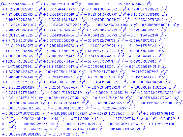 0.2068646682e-6*x+0.2068632934e-6*y-0.1000001796e-2-.557878506354632*x^4*y+1.52828070029702*x^4*y^2+.791654444114778*x^4*y^3-5.90416839043862*x^4*y^4+7.29078271720222*x^4*y^5-4.28474908826935*x^4*y^6+1.35561916171540*x^4*y^7-.223464159932998*x^4*y^8+.101139100881401*x^3*y-.466894994882040*x^3*y^2+.722761182584203*x^3*y^3-.497068470024476*x^3*y^4+.122625097102966*x^3*y^5+0.363726776841009e-1*x^3*y^6-0.317849887375473e-1*x^3*y^7+0.788567804811102e-2*x^3*y^8+.876088098407044*x^9*y-2.70457990868458*x^9*y^2+.273231436604042*x^9*y^3+6.75578062548269*x^9*y^4-9.57907483795682*x^9*y^5+6.09218732418035*x^9*y^6-2.06514882458964*x^9*y^7+.364411288643973*x^9*y^8-3.35171664262170*x^8*y+9.91733485134206*x^8*y^2+2.00727312663099*x^8*y^3-32.1473826670758*x^8*y^4+42.6266489705831*x^8*y^5-26.3247561285797*x^8*y^6+8.73691621490782*x^8*y^7-1.51380636269074*x^8*y^8+5.14796137189361*x^7*y-14.4626792261666*x^7*y^2-8.76022418809059*x^7*y^3+61.1998773291695*x^7*y^4-76.7100686748060*x^7*y^5+46.0951349392065*x^7*y^6-14.9818956625447*x^7*y^7+2.54724280276503*x^7*y^8-4.10654876148122*x^6*y+11.9305450198352*x^6*y^3+10.8462050916126*x^6*y^2-58.9547371078715*x^6*y^4+70.6881059337016*x^6*y^5-41.4723627878841*x^6*y^6+13.2184205014647*x^6*y^7-2.20596265158541*x^6*y^8+0.415520691947419e-1*x*y+1.88972684858187*x^5*y-0.264590704119876e-1*x^9*y^9-4.75254543704658*x^5*y^2+29.2165392673953*x^5*y^4-6.70447066551140*x^5*y^3-34.1911496490261*x^5*y^5-6.20249607007329*x^5*y^7+19.7458656447309*x^5*y^6+1.01958235276613*x^5*y^8+.104481013510196*x^2*y^2-0.148435770331285e-1*x^2*y+.370033041604670*x^2*y^4-.276512584364289*x^2*y^3+.122644475629609*x^2*y^6-.279034248189274*x^2*y^5+0.399016415926658e-2*x^2*y^8-0.307519757322687e-1*x^2*y^7-0.261755569520174e-2*x*y^3-0.956445131268424e-2*x*y^2-0.525240272678308e-2*x*y^6+0.294149187341931e-1*x*y^5-0.364419367372761e-1*x*y^4+0.151457171844930e-1*x^4*y^9+0.671188193729842e-3*x*y^8-0.156037383968479e-2*x*y^7+.151841215581478*x^6*y^9-0.690607476536226e-1*x^5*y^9-0.199666299235104e-3*x^2*y^9-0.673706850700663e-4*x*y^9+.108086167003366*x^8*y^9-.178621376287247*x^7*y^9-0.705741073722833e-3*x^3*y^9-0.109255815129257e-2*x^9-0.409894118008625e-5*y^4+0.324884379509192e-5*y^3+0.290568461642441e-5*y^5+0.2704330666e-6*y^7-0.118773599704818e-5*y^6-0.3016399443e-7*y^8-0.630639949679202e-2*x^5+0.214317754102793e-2*x^4+0.105239075112828e-1*x^6-0.131109942751000e-5*y^2-0.100662629994939e-1*x^7-0.375713420739403e-3*x^3+0.514872391346379e-2*x^8+0.249200320311903e-4*x^2+0.1103774628e-8*y^9