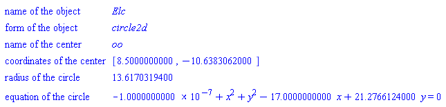 GeometryDetail(["name of the object", Elc], ["form of the object", circle2d], ["name of the center", oo], ["coordinates of the center", [8.5000000000, -10.6383062000]], ["radius of the circle", 13.6170319400], ["equation of the circle", -1.0000000000*10^(-7)+x^2+y^2-17.0000000000*x+21.2766124000*y = 0])