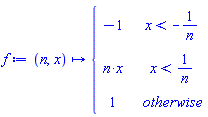 f := proc (n, x) options operator, arrow; piecewise(x < -1/n, -1, x < 1/n, n*x, 1) end proc