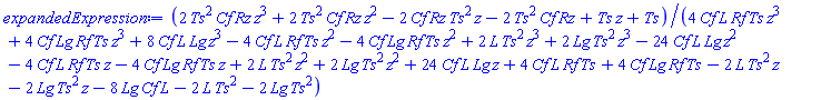 (2*Cf*Rz*Ts^2*z^3+2*Cf*Rz*Ts^2*z^2-2*Cf*Rz*Ts^2*z-2*Cf*Rz*Ts^2+Ts*z+Ts)/(4*Cf*L*Rf*Ts*z^3+4*Cf*Lg*Rf*Ts*z^3+8*Cf*L*Lg*z^3-4*Cf*L*Rf*Ts*z^2-4*Cf*Lg*Rf*Ts*z^2+2*L*Ts^2*z^3+2*Lg*Ts^2*z^3-24*Cf*L*Lg*z^2-4*Cf*L*Rf*Ts*z-4*Cf*Lg*Rf*Ts*z+2*L*Ts^2*z^2+2*Lg*Ts^2*z^2+24*Cf*L*Lg*z+4*Cf*L*Rf*Ts+4*Cf*Lg*Rf*Ts-2*L*Ts^2*z-2*Lg*Ts^2*z-8*Cf*L*Lg-2*L*Ts^2-2*Lg*Ts^2)