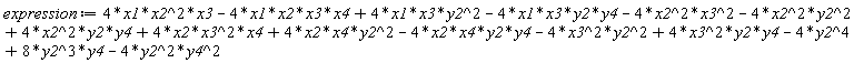 expression := 4*x1*x2^2*x3-4*x1*x2*x3*x4+4*x1*x3*y2^2-4*x1*x3*y2*y4-4*x2^2*x3^2-4*x2^2*y2^2+4*x2^2*y2*y4+4*x2*x3^2*x4+4*x2*x4*y2^2-4*x2*x4*y2*y4-4*x3^2*y2^2+4*x3^2*y2*y4-4*y2^4+8*y2^3*y4-4*y2^2*y4^2