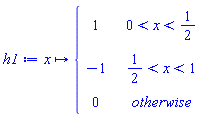 proc (x) options operator, arrow; piecewise(0 < x and x < 1/2, 1, 1/2 < x and x < 1, -1, 0) end proc