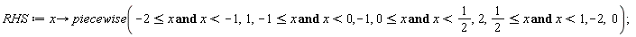 RHS := proc (x) options operator, arrow; piecewise(-2 <= x and x < -1, 1, -1 <= x and x < 0, -1, 0 <= x and x < 1/2, 2, 1/2 <= x and x < 1, -2, 0) end proc