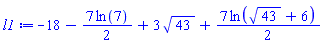 -18-(7/2)*ln(7)+3*43^(1/2)+(7/2)*ln(43^(1/2)+6)