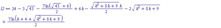 24-3*43^(1/2)-(7/2)*ln(43^(1/2)+6)+6*k-(1/2)*(k^2+8*k+9)^(1/2)*k-2*(k^2+8*k+9)^(1/2)+(7/2)*ln(k+4+(k^2+8*k+9)^(1/2))