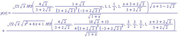 y(x) = _C1*x^(1/2)*HeunG(4*2^(1/2)/(3+2*2^(1/2)), (1+2^(1/2))/((3+2*2^(1/2))^3*(-3+2*2^(1/2))^2), 1, 1, 1/2, 1, (x+3+2*2^(1/2))/(3+2*2^(1/2)))*(x+3-2*2^(1/2))^(1/2)/(1+x)^(1/2)+_C2*x^(1/2)*(x^2+6*x+1)^(1/2)*HeunG(4*2^(1/2)/(3+2*2^(1/2)), (1/4)*(18*2^(1/2)+13)/((3+2*2^(1/2))^3*(-3+2*2^(1/2))^2), 3/2, 3/2, 3/2, 1, (x+3+2*2^(1/2))/(3+2*2^(1/2)))/(1+x)^(1/2)