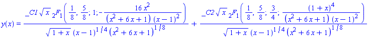 y(x) = _C1*x^(1/2)*hypergeom([1/8, 5/8], [1], -16*x^2/((x^2+6*x+1)*(x-1)^2))/((1+x)^(1/2)*(x-1)^(1/4)*(x^2+6*x+1)^(1/8))+_C2*x^(1/2)*hypergeom([1/8, 5/8], [3/4], (1+x)^4/((x^2+6*x+1)*(x-1)^2))/((1+x)^(1/2)*(x-1)^(1/4)*(x^2+6*x+1)^(1/8))