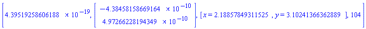 [4.395192586061875*10^(-19), Vector(2, {(1) = -0.4384581587e-9, (2) = 0.4972662282e-9}), [x = 2.1885784931152497, y = 3.102413663628889], 104]
