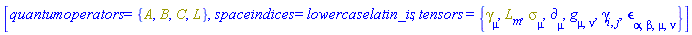 [quantumoperators = {A, B, C, L}, spaceindices = lowercaselatin_is, tensors = {Physics:-Dgamma[mu], L[m], Physics:-Psigma[mu], Physics:-d_[mu], Physics:-g_[mu, nu], Physics:-gamma_[i, j], Physics:-LeviCivita[alpha, beta, mu, nu]}]