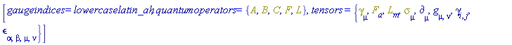 [gaugeindices = lowercaselatin_ah, quantumoperators = {A, B, C, F, L}, tensors = {Physics:-Dgamma[mu], F[a], L[m], Physics:-Psigma[mu], Physics:-d_[mu], Physics:-g_[mu, nu], Physics:-gamma_[i, j], Physics:-LeviCivita[alpha, beta, mu, nu]}]