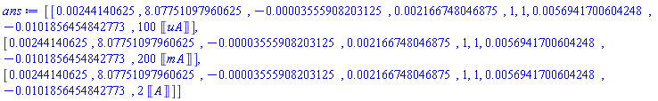 Matrix(3, 9, {(1, 1) = 0.244140625e-2, (1, 2) = 8.07751097960625, (1, 3) = -0.3555908203125e-4, (1, 4) = 0.2166748046875e-2, (1, 5) = 1, (1, 6) = 1, (1, 7) = 0.56941700604248e-2, (1, 8) = -0.101856454842773e-1, (1, 9) = Units:-Simple:-`*`(100, Units:-Unit(uA)), (2, 1) = 0.244140625e-2, (2, 2) = 8.07751097960625, (2, 3) = -0.3555908203125e-4, (2, 4) = 0.2166748046875e-2, (2, 5) = 1, (2, 6) = 1, (2, 7) = 0.56941700604248e-2, (2, 8) = -0.101856454842773e-1, (2, 9) = Units:-Simple:-`*`(200, Units:-Unit(mA)), (3, 1) = 0.244140625e-2, (3, 2) = 8.07751097960625, (3, 3) = -0.3555908203125e-4, (3, 4) = 0.2166748046875e-2, (3, 5) = 1, (3, 6) = 1, (3, 7) = 0.56941700604248e-2, (3, 8) = -0.101856454842773e-1, (3, 9) = Units:-Simple:-`*`(2, Units:-Unit(A))})