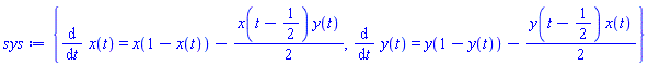 {diff(x(t), t) = x(1-x(t))-(1/2)*x(t-1/2)*y(t), diff(y(t), t) = y(1-y(t))-(1/2)*y(t-1/2)*x(t)}