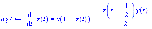 diff(x(t), t) = x(1-x(t))-(1/2)*x(t-1/2)*y(t)