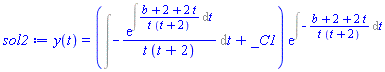 y(t) = (Int(-exp(Int((b+2+2*t)/(t*(t+2)), t))/(t*(t+2)), t)+_C1)*exp(Int(-(b+2+2*t)/(t*(t+2)), t))