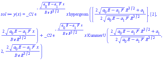 y(x) = _C1*exp(-(E*a[0]-F*a[1])^(1/2)*x/(B*e*E^(3/2)))*x*hypergeom([(1/2)*(2*(E*a[0]-F*a[1])^(1/2)*E^(3/2)+a[1])/((E*a[0]-F*a[1])^(1/2)*E^(3/2))], [2], 2*(E*a[0]-F*a[1])^(1/2)*x/(B*e*E^(3/2)))+_C2*exp(-(E*a[0]-F*a[1])^(1/2)*x/(B*e*E^(3/2)))*x*KummerU((1/2)*(2*(E*a[0]-F*a[1])^(1/2)*E^(3/2)+a[1])/((E*a[0]-F*a[1])^(1/2)*E^(3/2)), 2, 2*(E*a[0]-F*a[1])^(1/2)*x/(B*e*E^(3/2)))