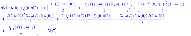 u(t) = series(u(0)+f(0, u(0))*t+((1/2)*(D[1](f))(0, u(0))+(1/2)*(D[2](f))(0, u(0))*f(0, u(0)))*t^2+((1/6)*(D[2](f))(0, u(0))^2*f(0, u(0))+(1/6)*f(0, u(0))^2*(D[2, 2](f))(0, u(0))+(1/6)*(D[2](f))(0, u(0))*(D[1](f))(0, u(0))+(1/3)*(D[1, 2](f))(0, u(0))*f(0, u(0))+(1/6)*(D[1, 1](f))(0, u(0)))*t^3+O(t^4),t,4)