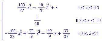 piecewise(0 <= x and x <= .3, (100/27)*x^3-(10/3)*x^2+x, .3 <= x and x <= .7, 1/10, .7 <= x and x <= 1, -(100/27)*x^3+(70/9)*x^2-(49/9)*x+37/27)