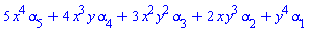 5*x^4*alpha[5]+4*x^3*y*alpha[4]+3*x^2*y^2*alpha[3]+2*x*y^3*alpha[2]+y^4*alpha[1]