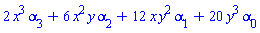2*x^3*alpha[3]+6*x^2*y*alpha[2]+12*x*y^2*alpha[1]+20*y^3*alpha[0]