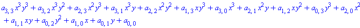 x^3*y^3*a[3, 3]+x^3*y^2*a[3, 2]+x^2*y^3*a[2, 3]+x^3*y*a[3, 1]+x^2*y^2*a[2, 2]+x*y^3*a[1, 3]+x^3*a[3, 0]+x^2*y*a[2, 1]+x*y^2*a[1, 2]+y^3*a[0, 3]+x^2*a[2, 0]+x*y*a[1, 1]+y^2*a[0, 2]+x*a[1, 0]+y*a[0, 1]+a[0, 0]