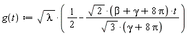 "g(t):=sqrt(lambda)*((1)/(2)-(sqrt(2)*(beta+gamma+8 Pi)*t)/(sqrt(3)*(gamma+8 Pi)))"