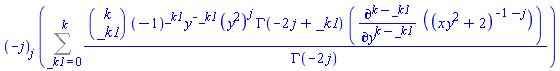 pochhammer(-j, j)*(Sum(binomial(k, _k1)*(-1)^_k1*y^(-_k1)*(y^2)^j*GAMMA(-2*j+_k1)*(diff((x*y^2+2)^(-1-j), [`$`(y, k-_k1)]))/GAMMA(-2*j), _k1 = 0 .. k))