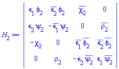 Matrix(4, 4, {(1, 1) = `&epsilon;`[1]*phi(x, t)[2], (1, 2) = conjugate(`&epsilon;`[2])*phi(x, t)[2], (1, 3) = conjugate(chi(x, t)[2]), (1, 4) = 0, (2, 1) = `&epsilon;`[2]*psi(x, t)[2], (2, 2) = -conjugate(`&epsilon;`[1])*psi(x, t)[2], (2, 3) = 0, (2, 4) = conjugate(rho(x, t)[2]), (3, 1) = -chi(x, t)[2], (3, 2) = 0, (3, 3) = conjugate(`&epsilon;`[1])*conjugate(phi(x, t)[2]), (3, 4) = conjugate(`&epsilon;`[2])*conjugate(phi(x, t)[2]), (4, 1) = 0, (4, 2) = rho(x, t)[2], (4, 3) = -`&epsilon;`[2]*conjugate(psi(x, t)[2]), (4, 4) = `&epsilon;`[1]*conjugate(psi(x, t)[2])})
