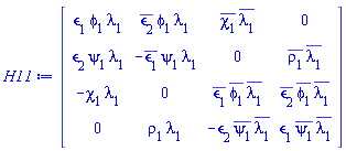Matrix(4, 4, {(1, 1) = `&epsilon;`[1]*phi(x, t)[1]*lambda[1], (1, 2) = conjugate(`&epsilon;`[2])*phi(x, t)[1]*lambda[1], (1, 3) = conjugate(chi(x, t)[1])*conjugate(lambda[1]), (1, 4) = 0, (2, 1) = `&epsilon;`[2]*psi(x, t)[1]*lambda[1], (2, 2) = -conjugate(`&epsilon;`[1])*psi(x, t)[1]*lambda[1], (2, 3) = 0, (2, 4) = conjugate(rho(x, t)[1])*conjugate(lambda[1]), (3, 1) = -chi(x, t)[1]*lambda[1], (3, 2) = 0, (3, 3) = conjugate(`&epsilon;`[1])*conjugate(phi(x, t)[1])*conjugate(lambda[1]), (3, 4) = conjugate(`&epsilon;`[2])*conjugate(phi(x, t)[1])*conjugate(lambda[1]), (4, 1) = 0, (4, 2) = rho(x, t)[1]*lambda[1], (4, 3) = -`&epsilon;`[2]*conjugate(psi(x, t)[1])*conjugate(lambda[1]), (4, 4) = `&epsilon;`[1]*conjugate(psi(x, t)[1])*conjugate(lambda[1])})