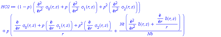 (1-p)*(diff(diff(sigma[0](r, z), r), r)+p*(diff(diff(sigma[1](r, z), r), r))+p^2*(diff(diff(sigma[2](r, z), r), r)))+p*((diff(sigma[0](r, z), r)+p*(diff(sigma[1](r, z), r))+p^2*(diff(sigma[2](r, z), r)))/r+Nt*(diff(diff(delta(r, z), r), r)+(diff(delta(r, z), r))/r)/Nb)