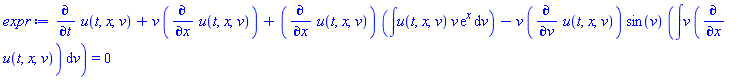 diff(u(t, x, v), t)+v*(diff(u(t, x, v), x))+(diff(u(t, x, v), x))*(int(u(t, x, v)*v*exp(x), v))-v*(diff(u(t, x, v), v))*sin(v)*(int(v*(diff(u(t, x, v), x)), v)) = 0