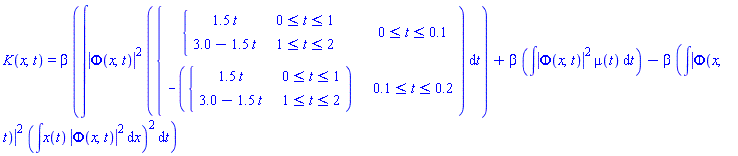 K(x, t) = beta*(int(abs(Phi(x, t))^2*piecewise(0 <= t and t <= .1, piecewise(0 <= t and t <= 1, 1.5*t, 1 <= t and t <= 2, 3.0-1.5*t), .1 <= t and t <= .2, -piecewise(0 <= t and t <= 1, 1.5*t, 1 <= t and t <= 2, 3.0-1.5*t)), t))+beta*(int(abs(Phi(x, t))^2*mu(t), t))-beta*(int(abs(Phi(x, t))^2*(int(x(t)*abs(Phi(x, t))^2, x))^2, t))