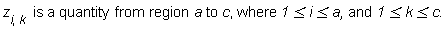 "z[i,k]  is a quantity from region a to c, where 1<=i<=a, and 1<=k<=c."