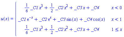 u(x) = piecewise(x < 0, (1/6)*_C1*x^3+(1/2)*_C2*x^2+_C3*x+_C4, x < 1, _C1*exp(-x)+_C2*exp(x)+_C3*sin(x)+_C4*cos(x), 1 <= x, (1/6)*_C1*x^3+(1/2)*_C2*x^2+_C3*x+_C4)