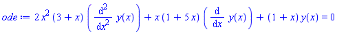 2*x^2*(3+x)*(diff(diff(y(x), x), x))+x*(1+5*x)*(diff(y(x), x))+(1+x)*y(x) = 0