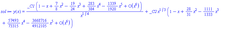 y(x) = _C1*(series(1-x+(7/8)*x^2-(19/24)*x^3+(283/384)*x^4-(1339/1920)*x^5+O(x^6),x,6))/x^(1/4)+_C2*x^(1/3)*(series(1-x+(28/31)*x^2-(1111/1333)*x^3+(57493/73315)*x^4-(3668716/4912105)*x^5+O(x^6),x,6))