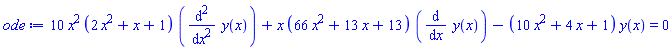 10*x^2*(2*x^2+x+1)*(diff(diff(y(x), x), x))+x*(66*x^2+13*x+13)*(diff(y(x), x))-(10*x^2+4*x+1)*y(x) = 0