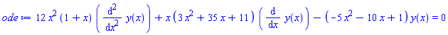 12*x^2*(1+x)*(diff(diff(y(x), x), x))+x*(3*x^2+35*x+11)*(diff(y(x), x))-(-5*x^2-10*x+1)*y(x) = 0
