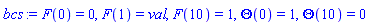 F(0) = 0, F(1) = val, F(10) = 1, Theta(0) = 1, Theta(10) = 0