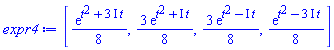 [(1/8)*exp(t^2+(3*I)*t), (3/8)*exp(t^2+I*t), (3/8)*exp(t^2-I*t), (1/8)*exp(t^2-(3*I)*t)]