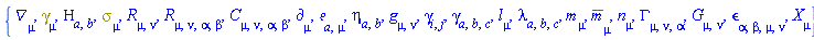 {Physics:-D_[mu], Physics:-Dgamma[mu], Eta[a, b], Physics:-Psigma[mu], Physics:-Ricci[mu, nu], Physics:-Riemann[mu, nu, alpha, beta], Physics:-Weyl[mu, nu, alpha, beta], Physics:-d_[mu], Physics:-Tetrads:-e_[a, mu], Physics:-Tetrads:-eta_[a, b], Physics:-g_[mu, nu], Physics:-gamma_[i, j], Physics:-Tetrads:-gamma_[a, b, c], Physics:-Tetrads:-l_[mu], Physics:-Tetrads:-lambda_[a, b, c], Physics:-Tetrads:-m_[mu], Physics:-Tetrads:-mb_[mu], Physics:-Tetrads:-n_[mu], Physics:-Christoffel[mu, nu, alpha], Physics:-Einstein[mu, nu], Physics:-LeviCivita[alpha, beta, mu, nu], Physics:-SpaceTimeVector[mu](X)}