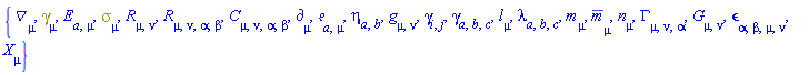 {Physics:-D_[mu], Physics:-Dgamma[mu], E[a, mu], Physics:-Psigma[mu], Physics:-Ricci[mu, nu], Physics:-Riemann[mu, nu, alpha, beta], Physics:-Weyl[mu, nu, alpha, beta], Physics:-d_[mu], Physics:-Tetrads:-e_[a, mu], Physics:-Tetrads:-eta_[a, b], Physics:-g_[mu, nu], Physics:-gamma_[i, j], Physics:-Tetrads:-gamma_[a, b, c], Physics:-Tetrads:-l_[mu], Physics:-Tetrads:-lambda_[a, b, c], Physics:-Tetrads:-m_[mu], Physics:-Tetrads:-mb_[mu], Physics:-Tetrads:-n_[mu], Physics:-Christoffel[mu, nu, alpha], Physics:-Einstein[mu, nu], Physics:-LeviCivita[alpha, beta, mu, nu], Physics:-SpaceTimeVector[mu](X)}