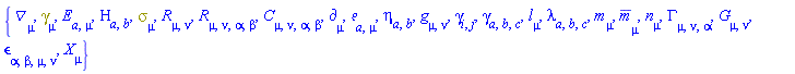 {Physics:-D_[mu], Physics:-Dgamma[mu], E[a, mu], Eta[a, b], Physics:-Psigma[mu], Physics:-Ricci[mu, nu], Physics:-Riemann[mu, nu, alpha, beta], Physics:-Weyl[mu, nu, alpha, beta], Physics:-d_[mu], Physics:-Tetrads:-e_[a, mu], Physics:-Tetrads:-eta_[a, b], Physics:-g_[mu, nu], Physics:-gamma_[i, j], Physics:-Tetrads:-gamma_[a, b, c], Physics:-Tetrads:-l_[mu], Physics:-Tetrads:-lambda_[a, b, c], Physics:-Tetrads:-m_[mu], Physics:-Tetrads:-mb_[mu], Physics:-Tetrads:-n_[mu], Physics:-Christoffel[mu, nu, alpha], Physics:-Einstein[mu, nu], Physics:-LeviCivita[alpha, beta, mu, nu], Physics:-SpaceTimeVector[mu](X)}