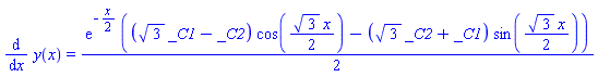 diff(y(x), x) = (1/2)*exp(-(1/2)*x)*((3^(1/2)*_C1-_C2)*cos((1/2)*3^(1/2)*x)-(3^(1/2)*_C2+_C1)*sin((1/2)*3^(1/2)*x))