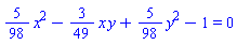 (5/98)*x^2-(3/49)*x*y+(5/98)*y^2-1 = 0